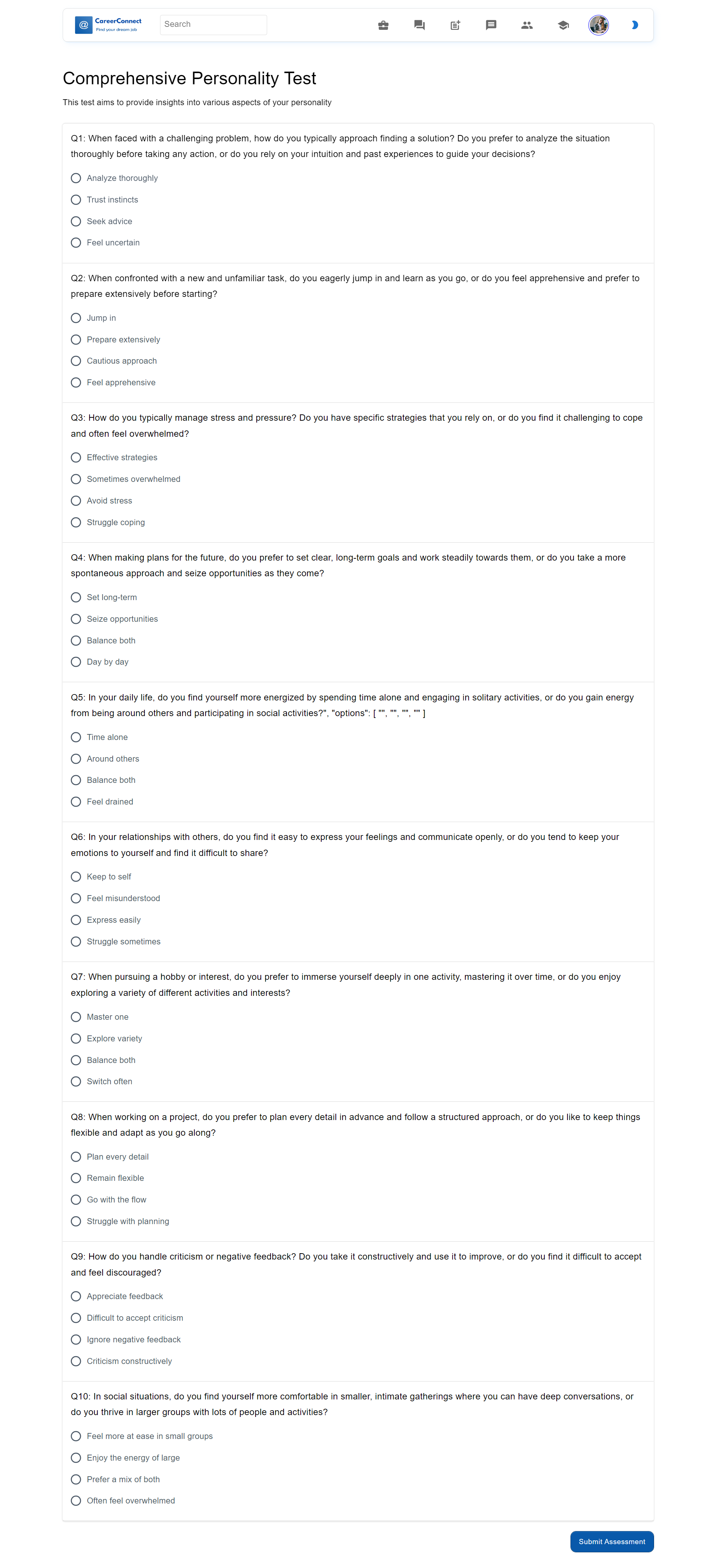 Career Connect — take assessment