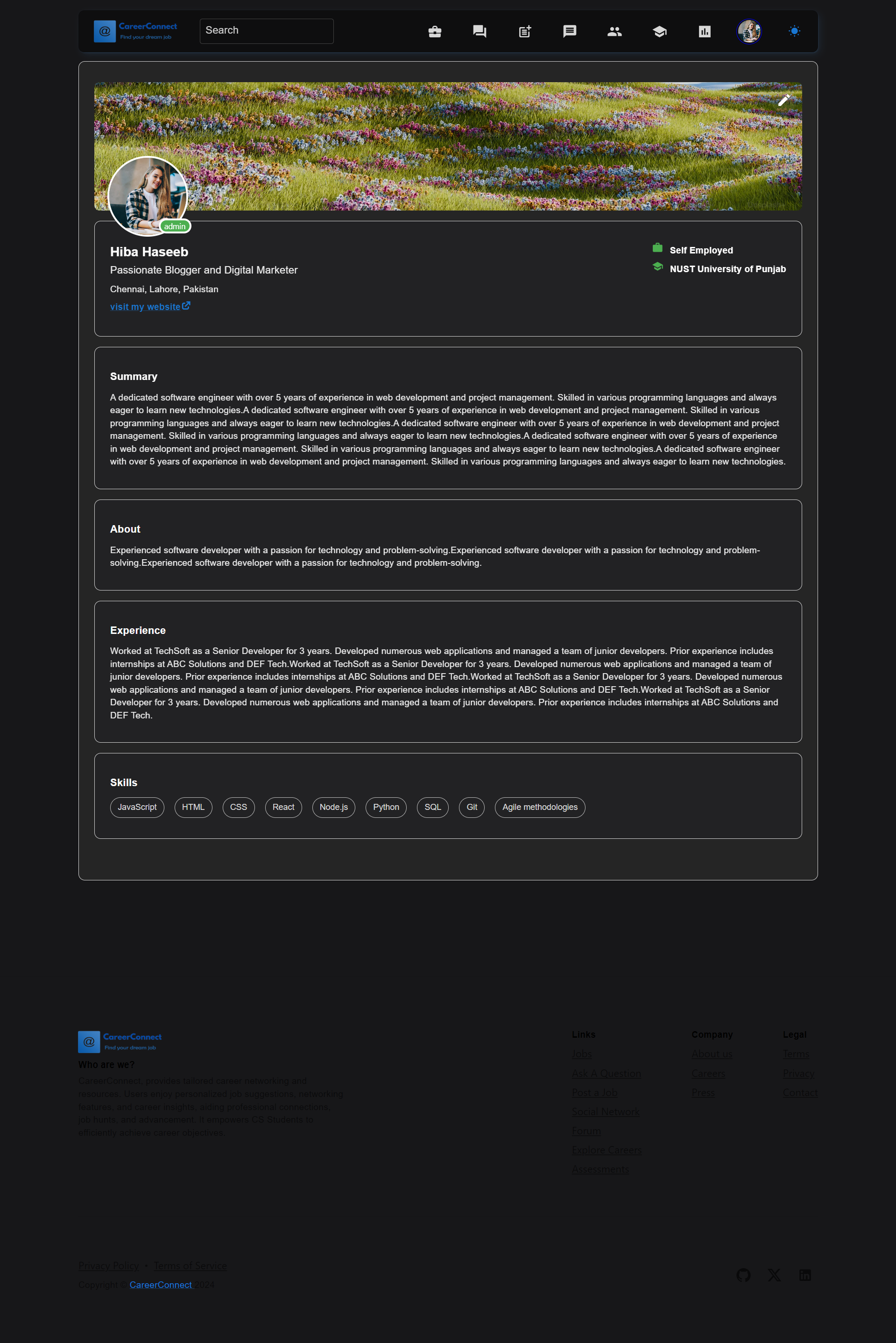Career Connect — candidate profile (dark)