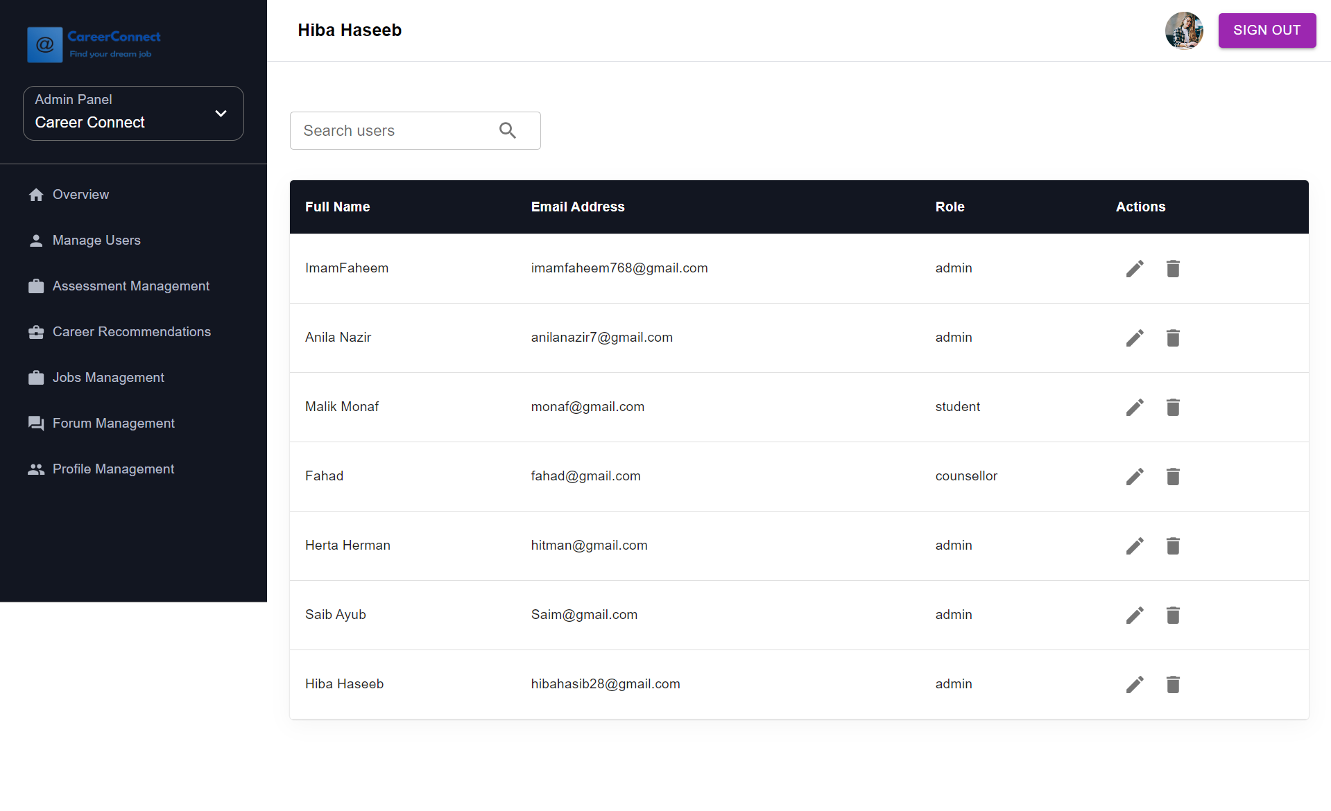 Career Connect — user management