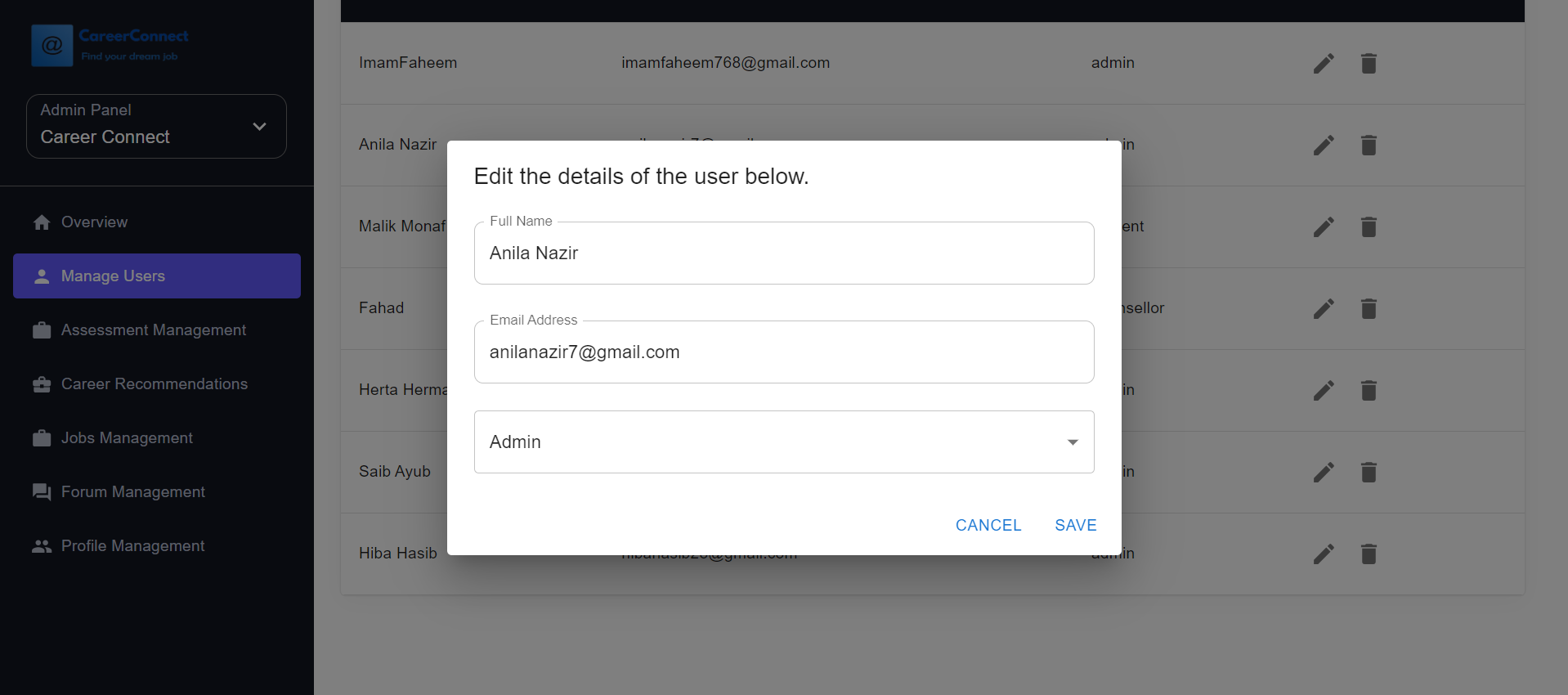 Career Connect — user profile editing