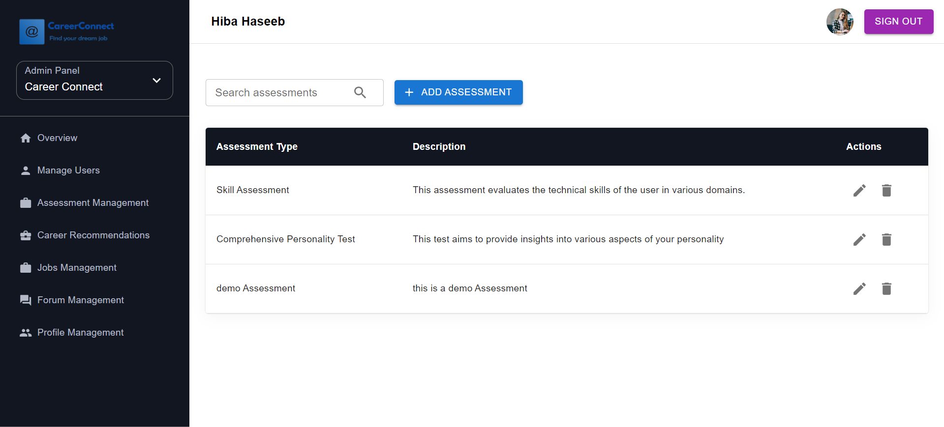Career Connect — assessment management