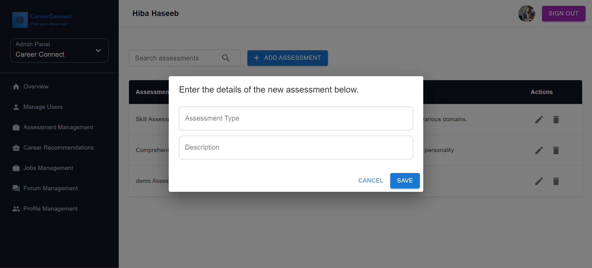 Career Connect — create assessment