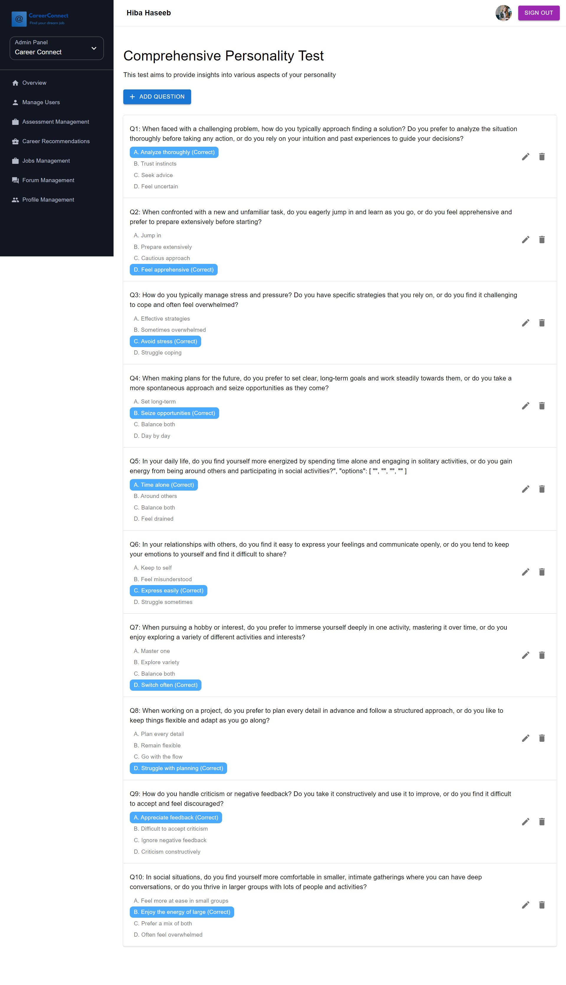 Career Connect — add assessment questions