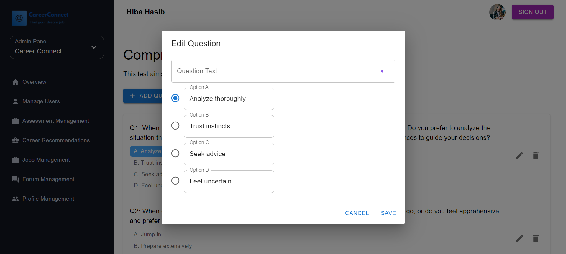 Career Connect — edit assessment questions