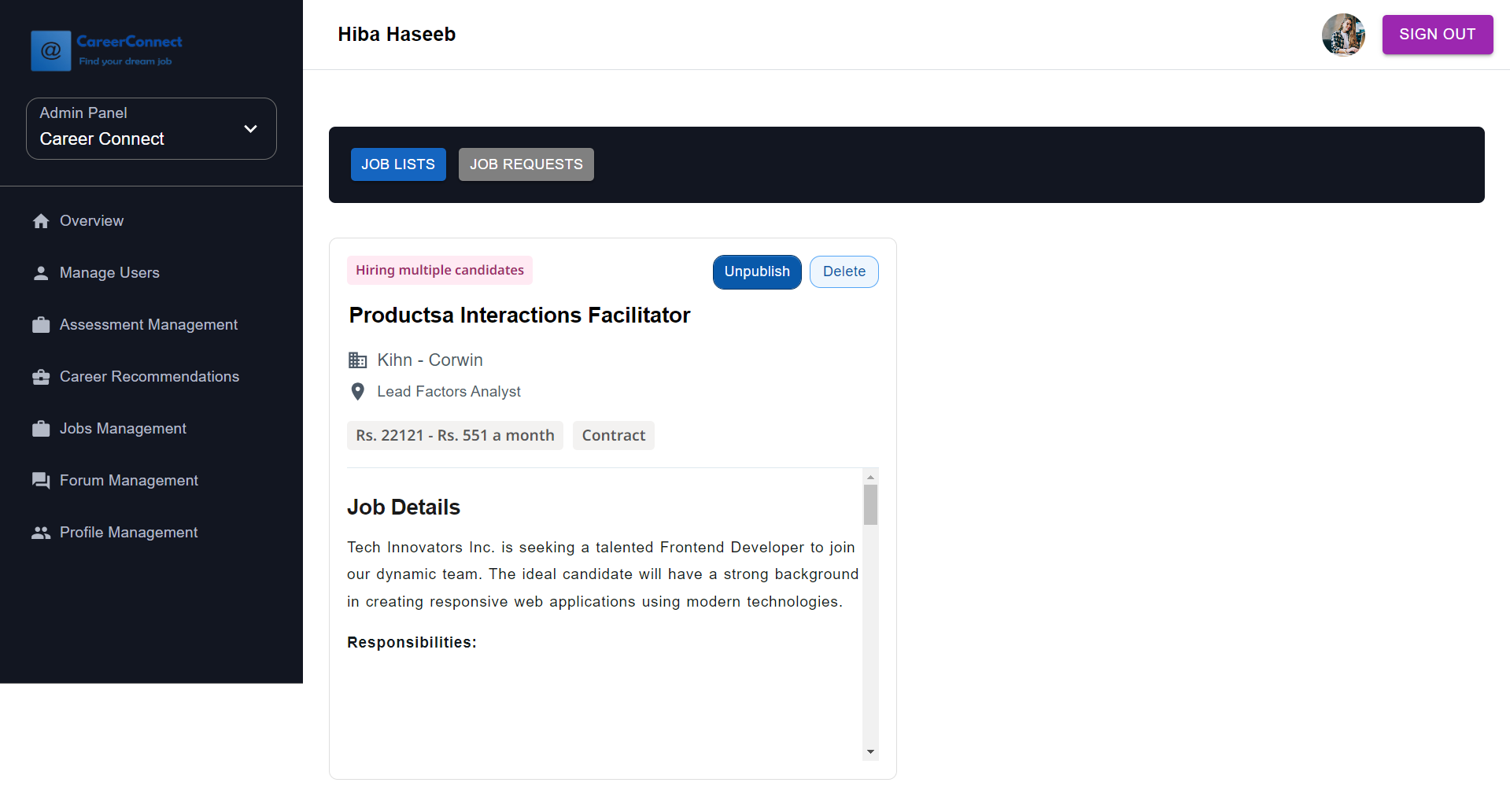 Career Connect — live jobs management