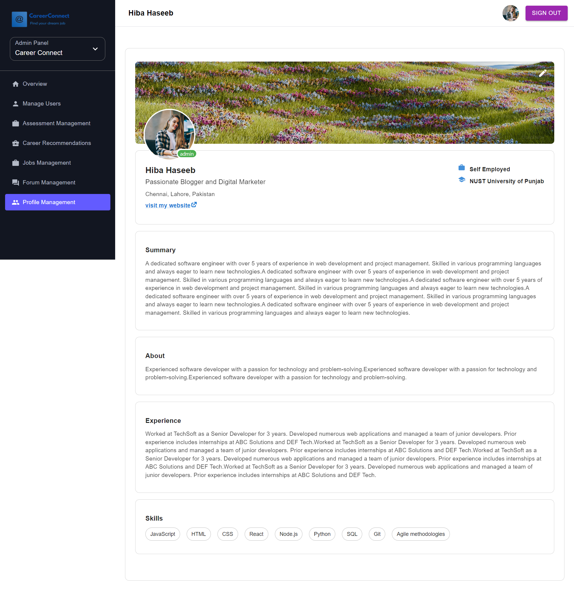 Career Connect — profile management
