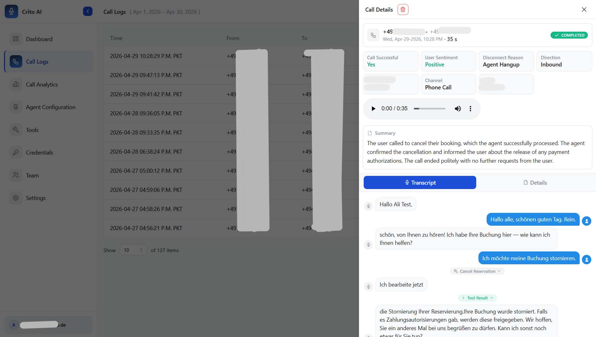 Crito Voice AI — call details and transcript