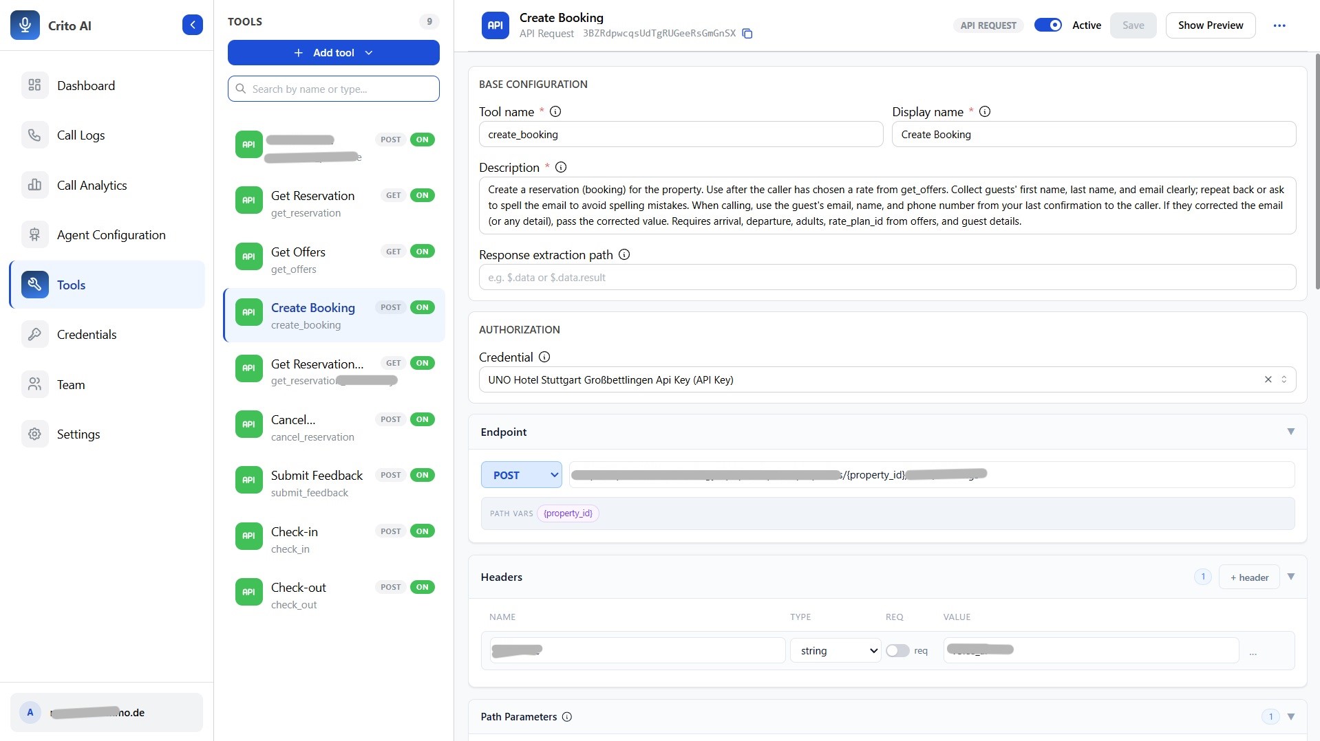Crito Voice AI — tool configuration detail