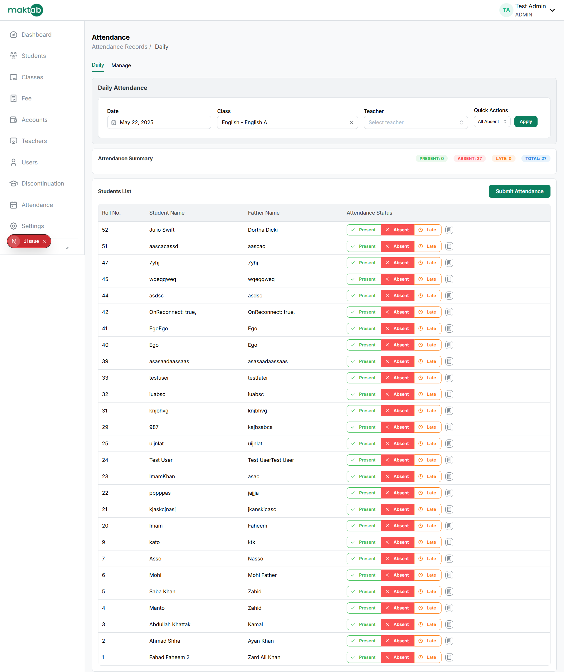 Maktab (older version) — daily attendance