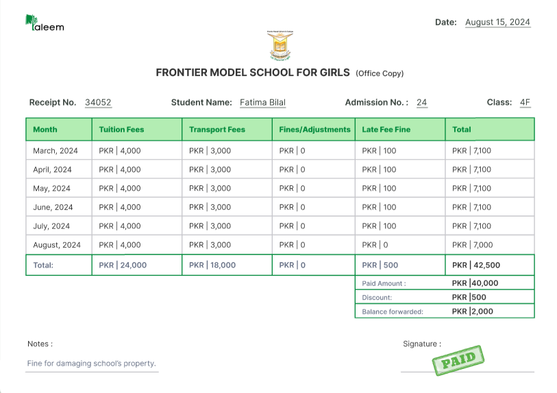 Maktab — fee receipt print view